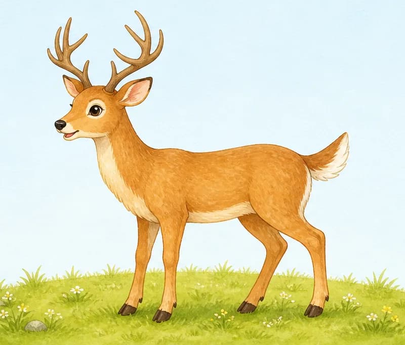 A clear side-profile of a deer standing on a small grassy mound — antlers clearly branching, slim legs visible with split hooves clearly drawn. Mood: educational, calm focus on anatomy.