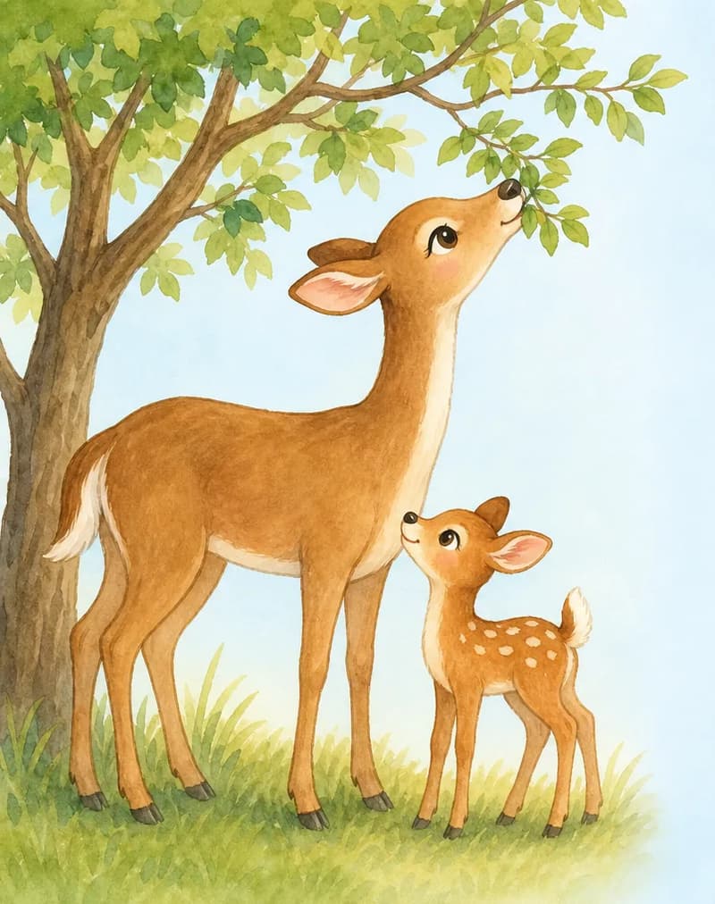 The adult deer stretches its long neck up to nibble leaves from a low branch while the fawn stands close beside it, looking up. Setting: open grassland with one small tree. Mood: tender, parental.