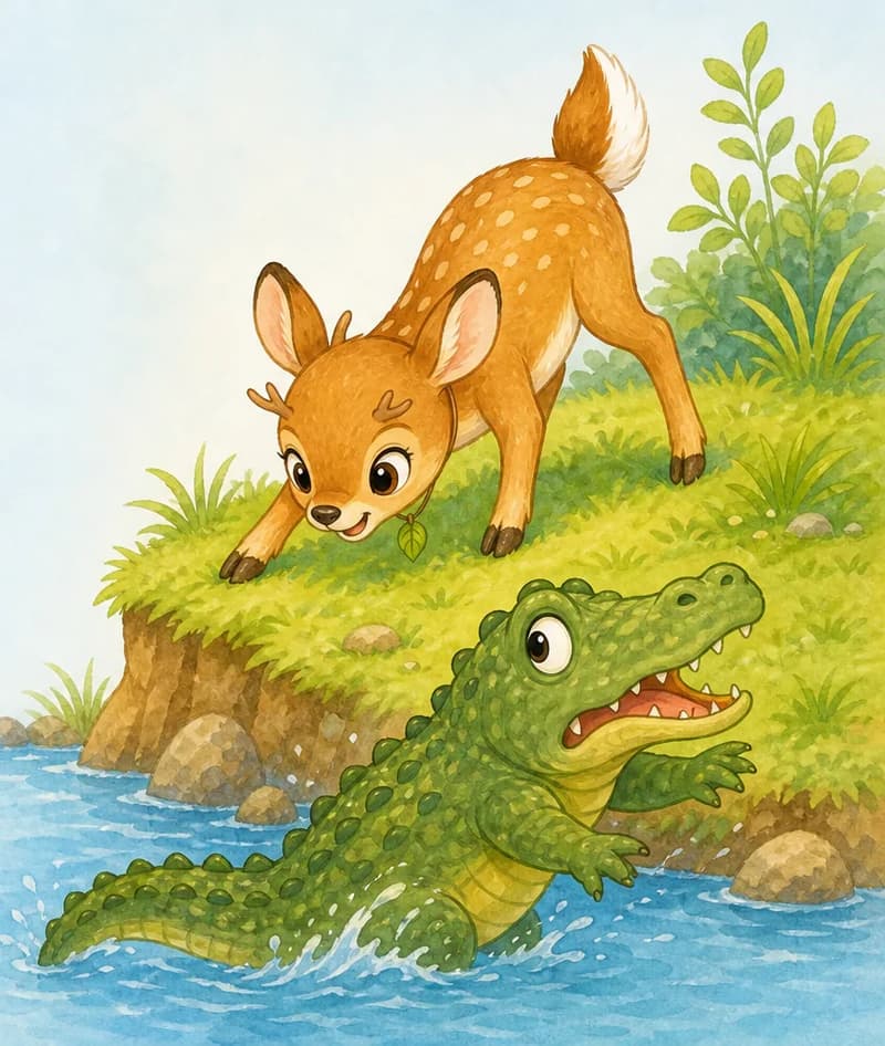 Young Víctor as a small fawn standing bravely, head lowered to point his tiny antlers at a startled crocodile that is retreating. Setting: riverbank with grass. Mood: bravery, courage despite small size.