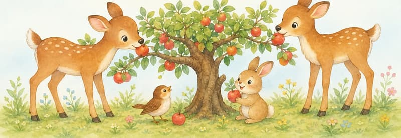 A peaceful group of small forest animals (one or two deer, a small bird, a small rabbit or similar) sharing a tree with fruit on its low branches. All animals look calm and content. Mood: peaceful sharing, closing feel-good page.
