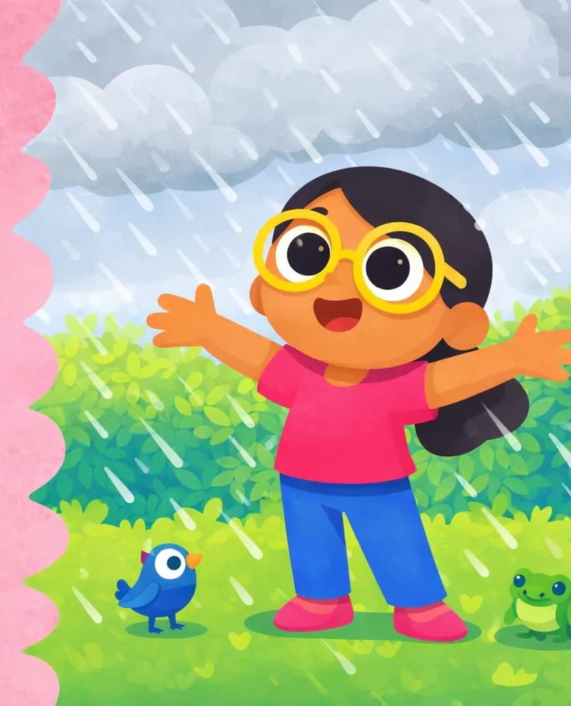 On the right side of the image, Girl stands outdoors on green grass with her arms spread wide, looking up at the sky with a big, joyful smile as rain falls around her. Gray rain clouds fill the sky above her, with white rain streaks coming down. Behind her are lush green bushes and shrubs. The left ~40% of the image is a plain pink watercolor-textured background, clear of any characters or detail. A small blue bird stands on the grass near Girl's feet, and a small green frog is also visible on the ground nearby.