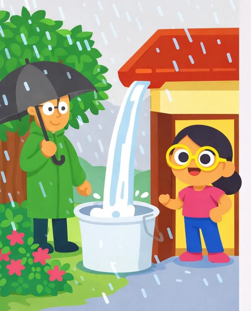 On the left side of the image, Girl stands in a doorway of a house, smiling and watching as rainwater pours off the roof gutter into a large bucket below. The scene is set outdoors during a rainstorm, with rain falling heavily, green trees in the background, and flowering bushes near the house. The right side of the image is plain gray background. An adult figure stands to the far left holding an umbrella, appearing to assist with collecting the rainwater.