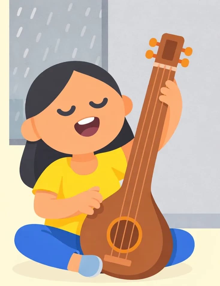 On the right side of the image, Mom sits cross-legged, eyes closed with a blissful smile, singing while playing a sitar. One hand reaches up to pluck the strings while the other is extended gracefully mid-song. The left side of the image is plain pale yellow background, providing open space for text. The indoor setting behind Mom is rendered in soft gray tones suggesting a rainy day outside.