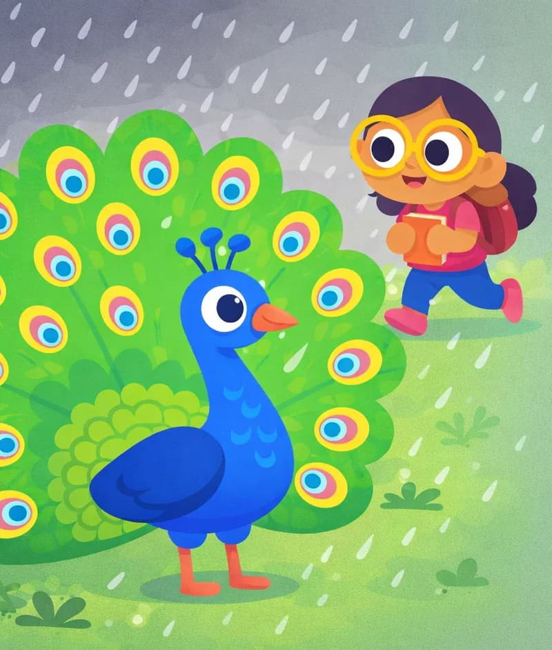 On the left side of the image, Peacock stands with its tail feathers fanned out in a grand display, facing right. Just above and behind Peacock, Girl is running through the rain, clutching a book to her chest, wearing a backpack, with a slightly worried or hurried expression. Rain falls steadily across the scene. The setting is outdoors on a rainy day with green grass, small plants at ground level, and a gray overcast sky. The right ~40% of the image is plain green/gray background.