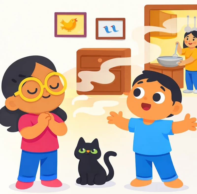 On the right side of the image, Girl stands with her eyes closed and a contented smile, hands clasped near her chest as she savors the smell of cooking. Next to her on the right, a second child stands with arms open and a surprised, eager expression, also sniffing the air. Visible wispy steam trails from a doorway in the far right background where Mom stands stirring a large bowl in the kitchen with a ladle, with utensils hanging on the wall. A black cat sits between the two children on the floor. The scene is set indoors in a warm, cozy living room with framed pictures on the wall and a wooden cabinet. The left side of the image is plain background.