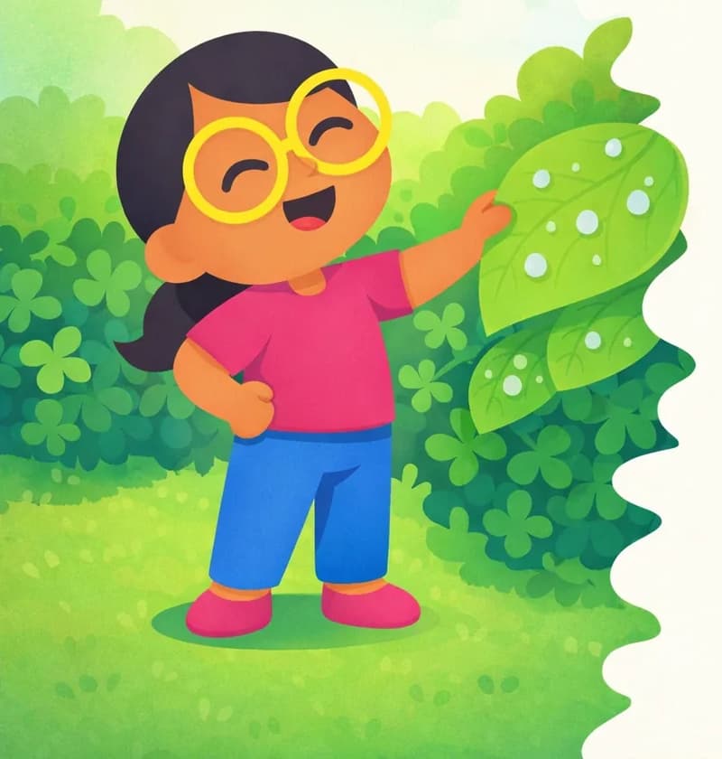 Girl stands on the left side of the image in a lush green outdoor setting, smiling joyfully with her eyes closed and face tilted slightly upward. She is reaching out with one hand to touch a large, glistening leaf on a bush, examining the small white raindrops clinging to its surface. The scene is set on a bright, post-rain day with green grass, leafy clover-like bushes, and a soft pale sky. The right side of the image opens to a plain, light watercolor background.