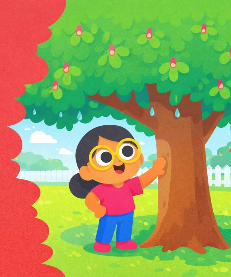 On the right side of the image, Girl stands beside a large, lush flowering tree in a suburban yard, looking up at it with a joyful, open-mouthed smile and one hand reaching out to touch its trunk. The tree has a full green canopy dotted with small pink flowers resembling little candles, and Girl is sheltering under its branches. A few last droplets drip from the leaves above her. The scene is set on a bright post-rain day with a soft, clearing sky, and the left side remains a plain warm-toned background.