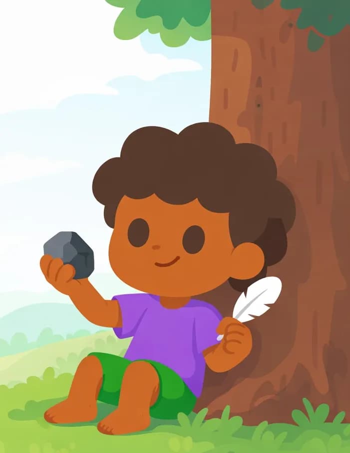 On the right side of the image, The Boy sits on the grass leaning against the trunk of a large tree, holding a rock up in one hand and a white feather in the other. He has a curious, wide-eyed expression as he examines the rock. The scene is set outdoors on a grassy hillside with soft, rolling green hills and a pale cloudy sky in the background, suggesting daytime with gentle overcast lighting. The left side of the image is open sky and hillside, clear of characters or objects.