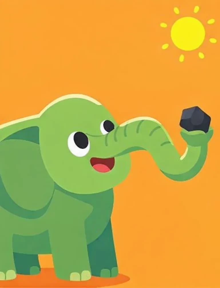 On the left side of the image, an elephant stands gripping a small dark rock tightly in the curled tip of its trunk, holding it up as if examining it. The elephant has its mouth slightly open and appears curious or contemplative. The scene is set outdoors against a warm orange sky with a bright yellow sun near the top center, suggesting a hot, sunny day. The right side of the image is plain orange-toned background.