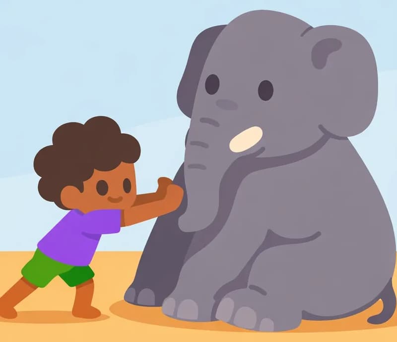 On the right side of the image, The Boy is leaning forward with both arms outstretched, pushing against a massive elephant that is sitting stubbornly on the ground. His body is braced low with legs bent, showing a determined effort, but the elephant remains completely unmoved, sitting calmly with a placid expression. The scene is set outdoors on flat, sandy ground under a pale blue sky, with the left side left as open background.