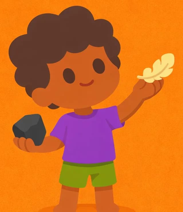 On the left side of the image, The Boy stands facing the viewer, holding a dark rock in his right hand (lowered slightly) and a light feather in his raised left hand. He looks up toward the feather with a curious, contemplative expression, as if comparing the weight of the two objects. The background is a warm, plain orange with no other objects or characters.