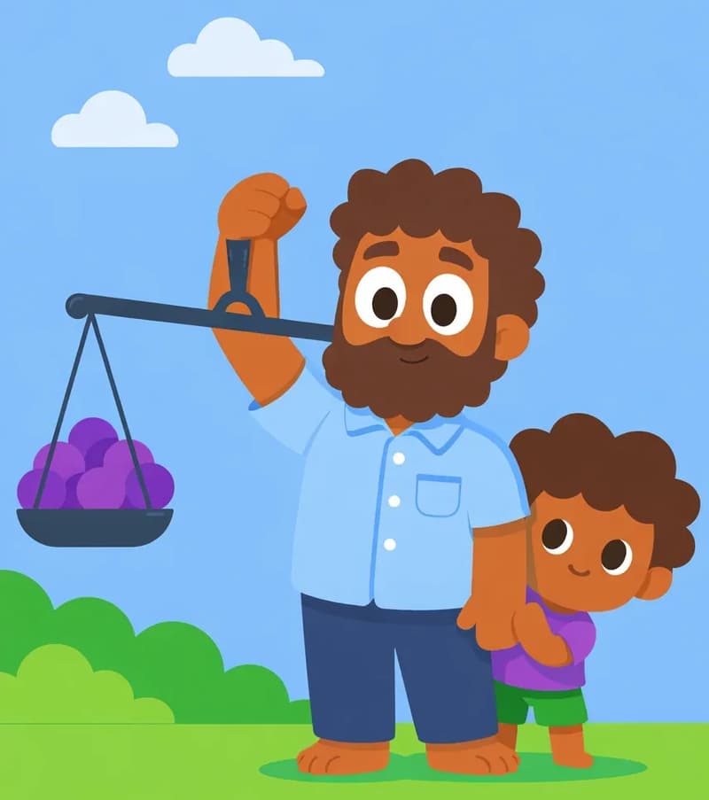 On the left side of the image, Dad stands holding up a traditional balance scale with his right arm raised, looking confident and helpful with a slight smile. The Boy stands beside him at a lower height, peeking out from behind Dad with wide, curious eyes, watching the scale. One pan of the scale holds a cluster of round purple objects (used as counterweights), while the other pan sits empty, ready for the rock. The scene is set outdoors in a suburban American yard on a clear day, with green bushes and a blue sky with a few white clouds in the background. The right side of the image is open sky, clear for text.