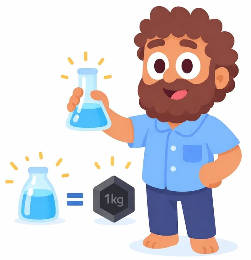 On the right side of the image, Dad stands at a three-quarter angle holding a clear flask filled with water in one hand, presenting it proudly with a confident smile. Next to him, a simple diagram shows the filled water flask next to an equals sign and a 1kg weight, illustrating the concept that the water-filled flask weighs exactly one kilogram. Small radiating lines surround the diagram for emphasis. The background is plain white. The left side of the image is clear for text.