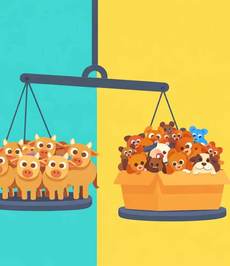 On the left side of the image, a large balance scale dominates the scene. On the left pan, ten cows stand huddled together, looking wide-eyed and slightly bewildered, their combined weight pulling that side of the scale down lower. On the right pan, 200 dogs of various sizes and breeds are crammed into a large cardboard box labeled "200," sitting higher up as the scale tips in the cows' favor. The background is split with a bright turquoise color on the left and yellow on the right, with the right portion remaining as plain background space.