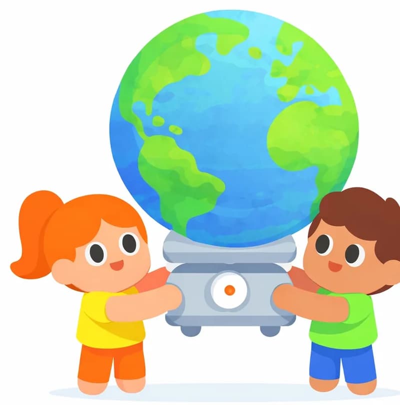 On the right side of the image, a large painted Earth globe floats against a plain white background, showing blue oceans and green continents in a loose, watercolor-style illustration. The left side of the image is entirely clear white space. The composition is simple and conceptual, emphasizing the vastness of the world in relation to the page's theme of weighing the Earth.