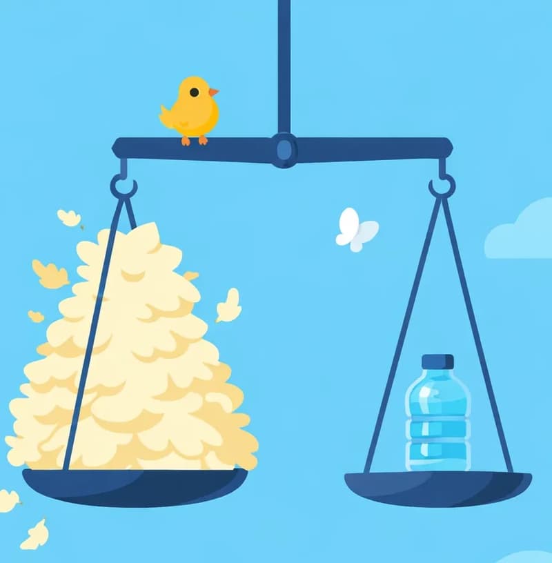 On the right side of the image, a large balance scale hangs from above against a bright blue sky with soft clouds. The left pan of the scale holds an enormous, overflowing pile of feathers that towers upward, while the right pan holds a small water flask (one kilogram), with both sides balanced evenly. A tiny bird perches on the top beam of the scale, and a white butterfly flutters nearby. The dramatic size contrast between the massive mound of feathers and the compact flask visually emphasizes the difference in volume for the same weight.