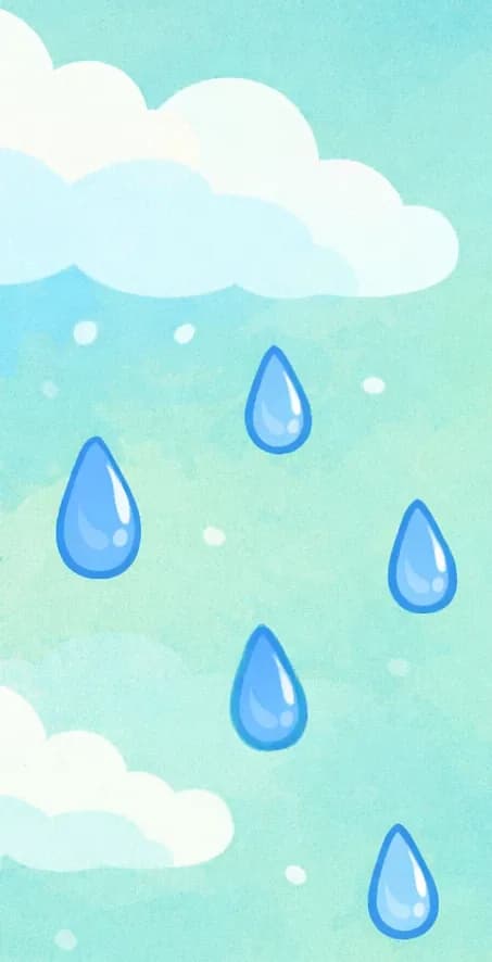 On the left side of the image, large blue-outlined raindrops fall from a soft watercolor sky filled with white clouds, against a turquoise and green-tinted background. The scene is an outdoor daytime sky view with scattered raindrop illustrations drifting downward, evoking a gentle rain shower. No characters are present — the composition is purely atmospheric, showing the rain referenced in the page text.
