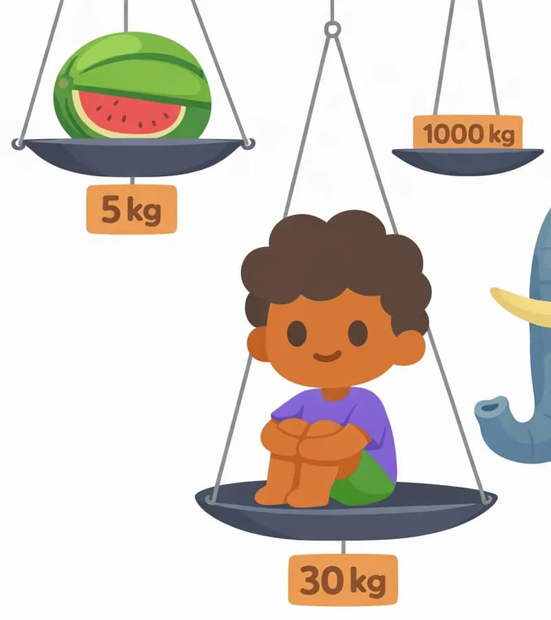 On the right side of the image, The Boy sits cross-legged on the pan of a large hanging balance scale, smiling contentedly with his arms wrapped around his knees. His pan is labeled "30 kg." Above him to the upper left, another pan holds a halved watermelon with a label reading "5 kg." To the far right, the tip of an elephant's trunk is visible, connected to a pan labeled "1000 kg." The left side of the image is plain white background.