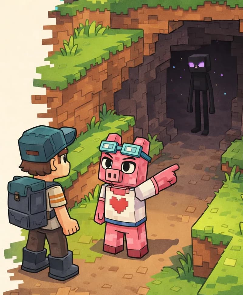 Fig Pig and Player stand at the entrance of a dark cave in a blocky, pixelated landscape during daytime. Fig Pig is positioned slightly ahead, pointing toward the shadowy cave interior where an Enderman can be seen standing in the darkness. The scene shows bright green grass blocks outside contrasting with the dim brown earth tones inside the cave opening, creating a sense of discovery and mild tension as the characters spot the mysterious figure.