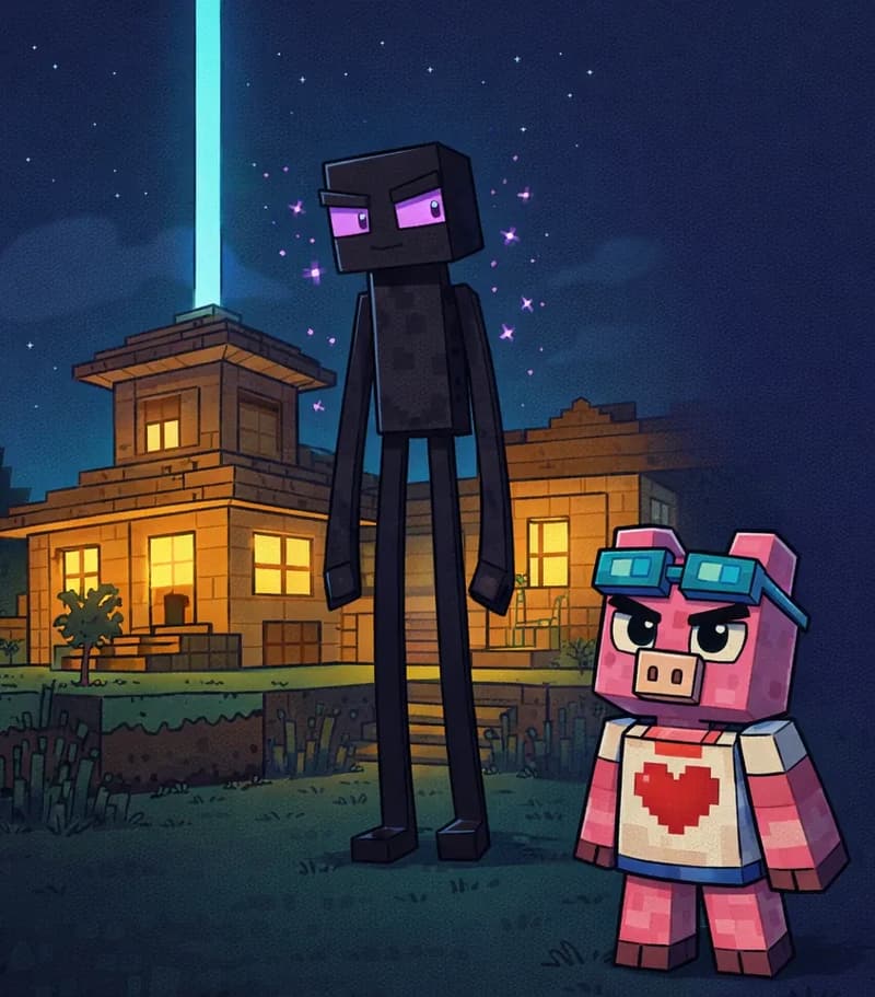 The scene takes place outdoors at night near a wooden suburban house. An Enderman stands tall and motionless behind the house, its glowing purple eyes visible in the darkness, while a bright blue beam of light shoots upward into the night sky from nearby. Fig Pig stands on the grass near the front of the house, appearing small and confused. The atmosphere is tense and dark, with the only illumination coming from the mysterious blue beam and the Enderman's eerie glowing eyes.