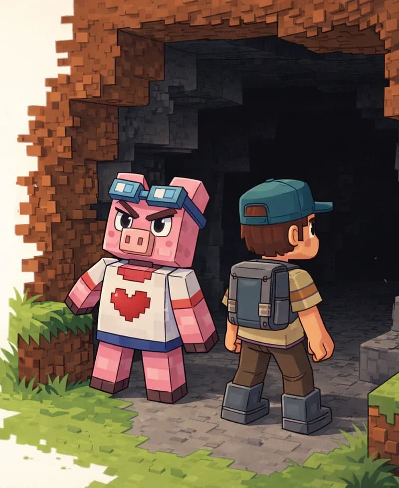 Fig Pig (wearing a white t-shirt with a red pixelated heart and teal-framed glasses on head) and the Player (in a beige/tan shirt with gray suspenders and backpack, wearing a dark teal-green backwards cap) stand at the entrance of a dark cave carved into a brown hillside. Fig Pig appears to be positioned at the threshold of the cave, peering into the shadowy interior with a determined posture, ready to investigate. The scene is set outdoors during daytime, with bright green grass visible outside contrasting with the dark gray stone inside the cave entrance. The blocky, pixelated environment suggests a Minecraft-style world.