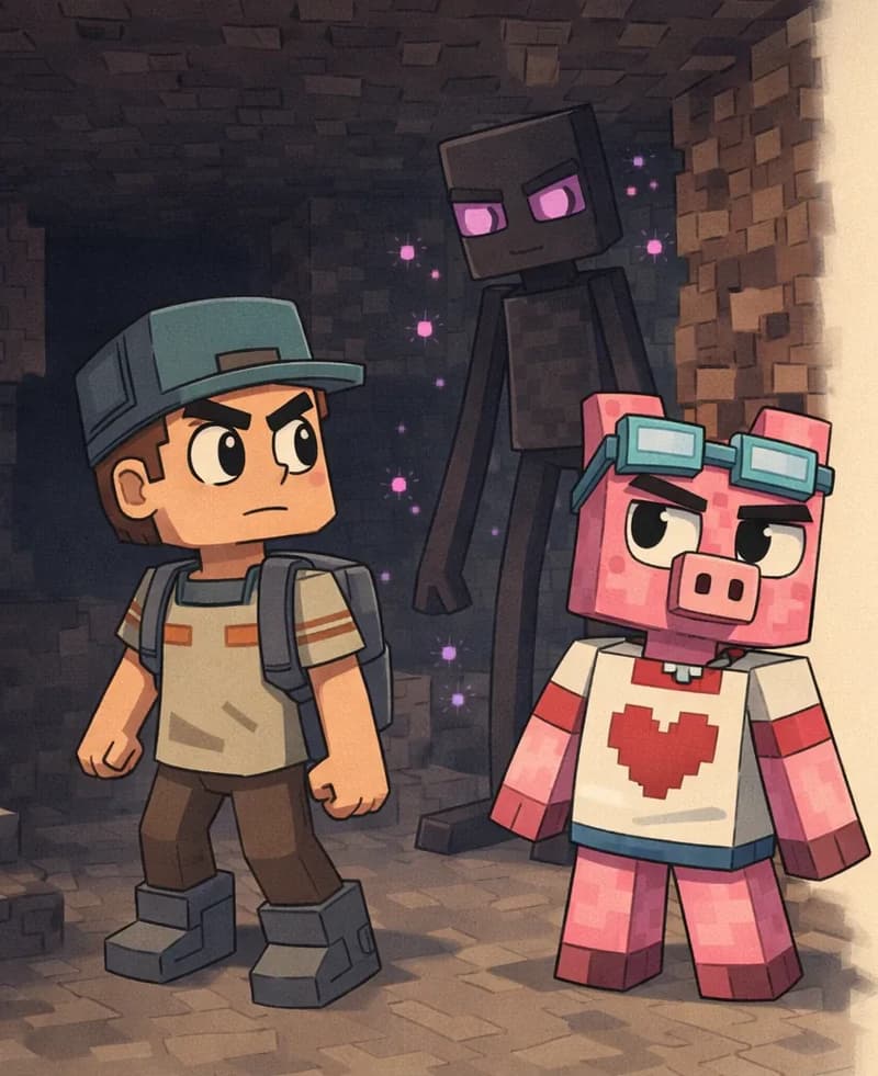 The scene is set in a cave at nighttime in a dark, blocky Minecraft environment. The Player (wearing a beige/tan shirt with gray suspenders and backpack, and a dark teal-green backwards cap) stands in a watchful stance, while Fig Pig (the blocky pink pig with teal-framed glasses on head, wearing a white t-shirt with a red pixelated heart) is positioned near the center, deliberately looking away from the imposing Enderman. The tall, black Enderman with glowing purple eyes looms in the background, creating an ominous presence. Fig Pig appears tense but brave, keeping his gaze averted from the creature while speaking to it.