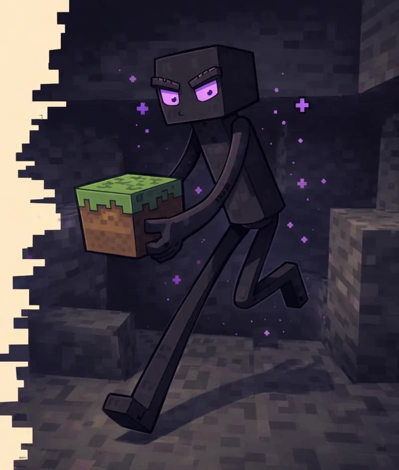 The Enderman stands in a dark stone cave, its distinctive glowing purple eyes visible in the shadows as it holds a grass block in its long arms. The tall, dark figure appears poised to teleport away, captured mid-motion as if darting off into the darkness. The scene is set at nighttime or in a deep underground cavern, with dim lighting creating an eerie atmosphere around the mysterious creature.