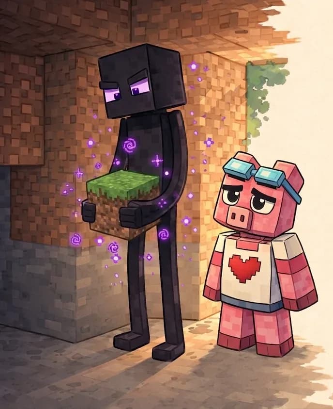 The scene takes place inside an underground cave or structure with brown earthen walls and gray stone blocks. An Enderman stands upright in the dimly lit space, holding a purple block in its hand, with glowing purple-pink eyes visible in the shadows. Fig Pig stands nearby, watching the Enderman with a sad, contemplative expression. The Enderman appears still and reflective, positioned near the entrance where daylight filters in from outside. The mood is quiet and somber, capturing Fig Pig's realization about the Endermen's simple desire to build with blocks.