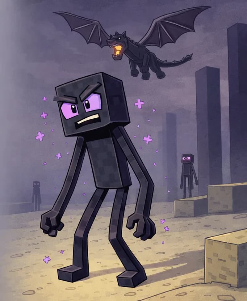 The Ender Dragon flies through the dark gray-purple sky in the background, its wings spread as it soars overhead. An Enderman stands in the foreground with bright purple-pink glowing eyes, appearing agitated and distressed with an alert, tense posture that suggests panic or madness. The scene is set in a dim, eerie environment with pale yellowish stone-like terrain and a hazy, ominous atmosphere, creating a sense of foreboding as the dragon's arrival disrupts the space.