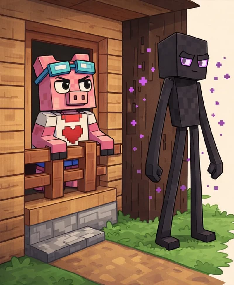 Fig Pig stands behind a wooden fence or window of a timber house, looking out with a worried expression toward the Enderman. The tall, dark Enderman stands outside on the grass pathway, surrounded by purple teleportation particles, appearing tense and uncomfortable. The scene is set outdoors during daytime, with the wooden house providing shelter and creating a physical barrier between the two characters. The lighting is bright, emphasizing the contrast between Fig Pig's safe position inside and the Enderman's vulnerable stance outside.