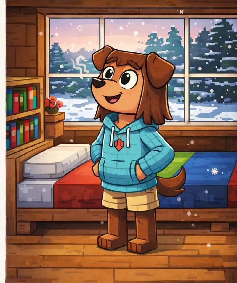 On the right side of the image, Tip stands beside a colorful bed in a cozy wooden bedroom, having just woken up. She has wide eyes full of excitement with her head tilted slightly, sniffing the air. Through large windows behind her, a snowy winter landscape is visible in the early morning light, with snowflakes drifting in from outside. A bookshelf with colorful books sits against the wall nearby.