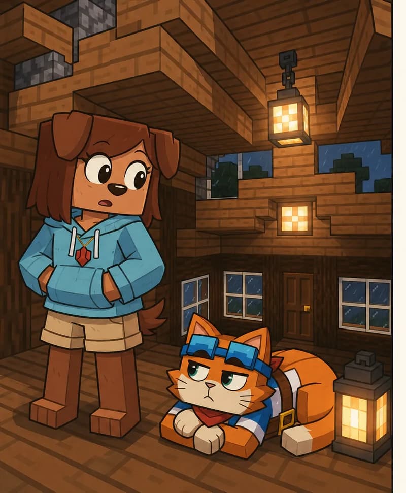 On the left side of the image, Tip stands in the foreground facing into a dimly lit wooden cabin interior, looking alert and slightly concerned. The indoor scene shows a cozy room with wooden walls, ceiling beams, glowing lantern lights, and windows through which a dark, overcast sky is visible. Brat Cat is curled up near a glowing lantern on the floor under Tip, looking up at Tip with a resigned expression and letting out a sigh. The right ~50% of the image is plain light background, clear for text overlay.