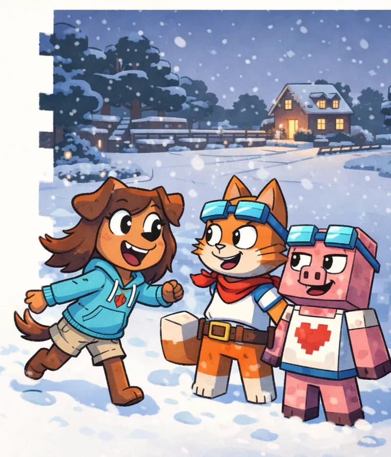 On the right side of the image, three characters stand together on snow-covered ground, looking out at a snowy suburban neighborhood scene. Tip is in the center-left of the group, appearing thrilled and mid-dash as if about to charge forward through the falling snow, nearly bumping into her friends. Brat Cat stands beside Tip, leaning back slightly to avoid being knocked over, looking outward at the wintry landscape. Fig Pig is on the right of the group, grinning broadly and gazing at a glowing house across the way. Snow falls gently across the scene, with the ground heavily covered in white. In the background, a warmly lit house with glowing windows is visible among snow-dusted trees, set against a dusky evening sky. The left side of the image is plain light background reserved for text.