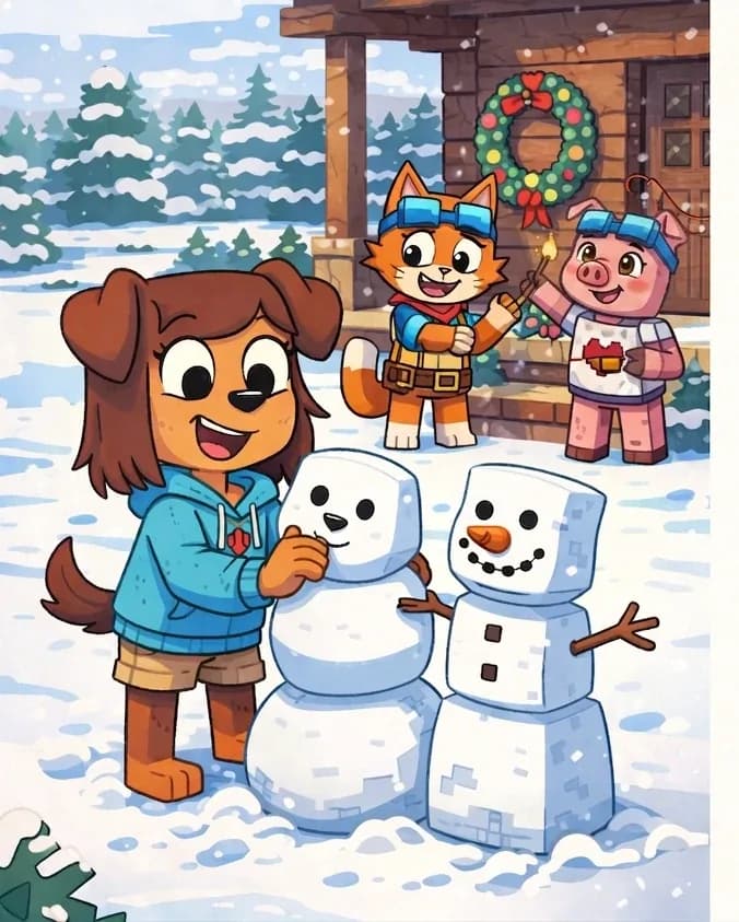 On the left side of the image, Tip stands in a snowy outdoor scene, actively building a snowman by stacking one snow ball on top of another, looking happy and proud as she steps back to admire her work. A completed snowman with a lopsided grin stands beside her. In the background, Brat Cat and Fig Pig are visible near the cabin, busy arranging Christmas decorations together. Snow is falling gently around the scene, and the background shows a snowy suburban neighborhood with snow-covered ground and some greenery poking through. The right ~40% of the image is plain light background reserved for text.