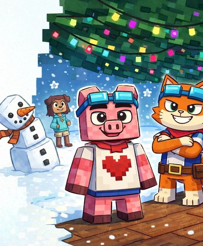 On the right side of the image, Fig Pig stands in the center foreground on a snowy wooden deck, smiling proudly and facing the viewer, while Brat Cat stands just behind and to the right, nodding approvingly with a smile. Above them, a large Christmas tree canopy stretches overhead, covered in colorful string lights (multicolored — pink, blue, purple, green). A red poinsettia decoration hangs on the right edge. In the background to the far left, Tip is visible near her lopsided snowman whose top ball is sliding sideways like a little gnome. Snowflakes drift through the cold outdoor air. The left ~40% is left as a plain light-blue snowy background with a white text overlay area.