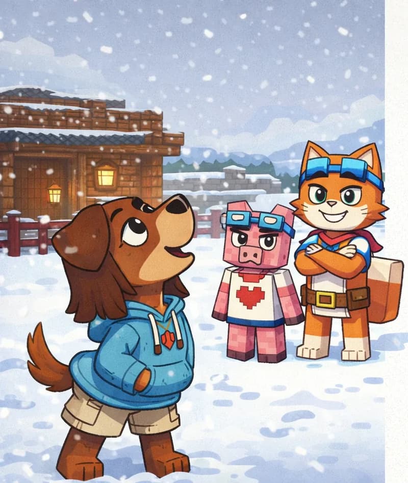 On the left side of the image, Tip stands in a snowy outdoor scene, head raised and nose lifted to the air, sniffing with a hungry, curious expression. Behind Tip in the middle-left area, a cozy log cabin with a warm glowing lantern and a red fence is visible through the falling snow. Further back, Brat Cat and Fig Pig stand near the cabin, looking toward Tip as she calls out to them. The ground is covered in thick snow, and rolling snow-covered hills line the background under a pale, overcast winter sky with snowflakes drifting down. The right ~40% of the image is plain light background reserved for text overlay.