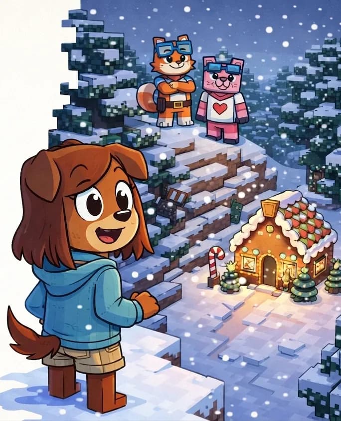 On the right side of the image, Tip stands on a snowy hillside looking down toward a glowing gingerbread house nestled at the bottom of the hill. Tip appears awestruck and eager, gazing toward the warmly lit house with icing on the roof and candy lined along the walls, and a sign above the door reading 'Welcome.' The scene is a snowy winter landscape with snow-covered trees, hills, and snowflakes falling from the sky. At the top of the hill behind Tip, Brat Cat and Fig Pig are visible in the distance, watching her go. The left ~40% of the image is a plain light background reserved for text overlay.