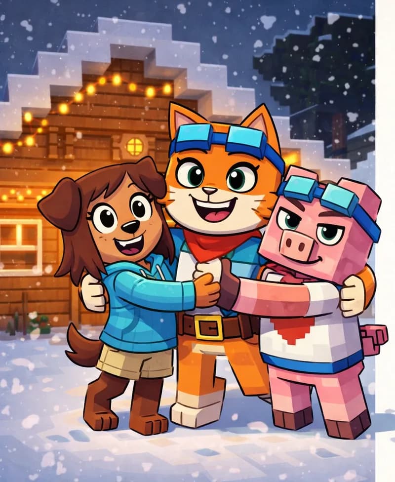 On the left side of the image, three characters stand together in front of a snow-covered wooden cabin decorated with warm glowing Christmas lights. Brat Cat stands in the center with a cheeky grin, arms spread wide, pulling Tip and Fig Pig into a big group hug. Tip stands to the left, beaming with joy as she is embraced. Fig Pig stands to the right, looking pleased and hugging back. Snow falls gently around them in a nighttime outdoor setting, with the cabin's warm orange glow illuminating the group. The right ~40% of the image is a plain light background reserved for text overlay.