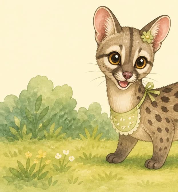 Introduce Gertrudis. Show her full body in a clear pose so her long head, short legs, and long ringed tail are all visible. She looks friendly and a little catlike. Setting: park grass or a soft natural backdrop. Mood: warm introduction.