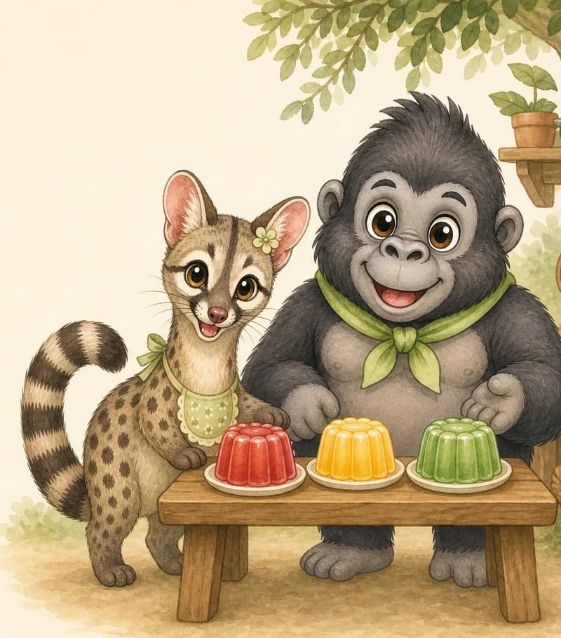 Gertrudis and Gabito stand together in a simple kitchen-style area in the park, side by side at a small table holding two or three jelly molds filled with brightly coloured gelatin (red, yellow, green). Both look proud and friendly. Mood: friendly cooking partners.