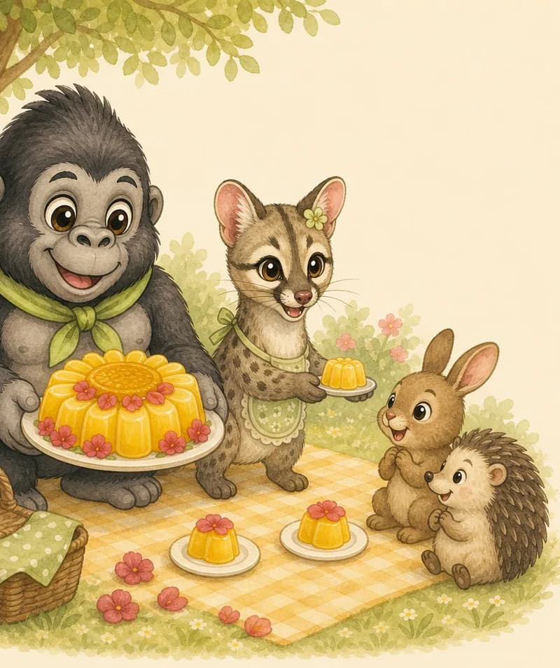 Gabito holds out a beautiful golden-yellow sunflower-gelatin dessert decorated with pink/red geranium petals while Gertrudis hands a small piece to one or two unnamed park-animal friends nearby. Mood: generous sharing.