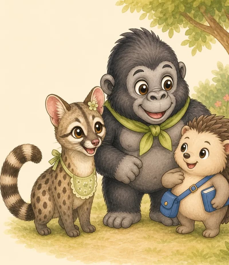 All three stand together in a friendly huddle. Enrique looks excited and is gesturing toward himself with one paw, volunteering to help. Gertrudis and Gabito both smile warmly at him. Mood: agreement and teamwork.