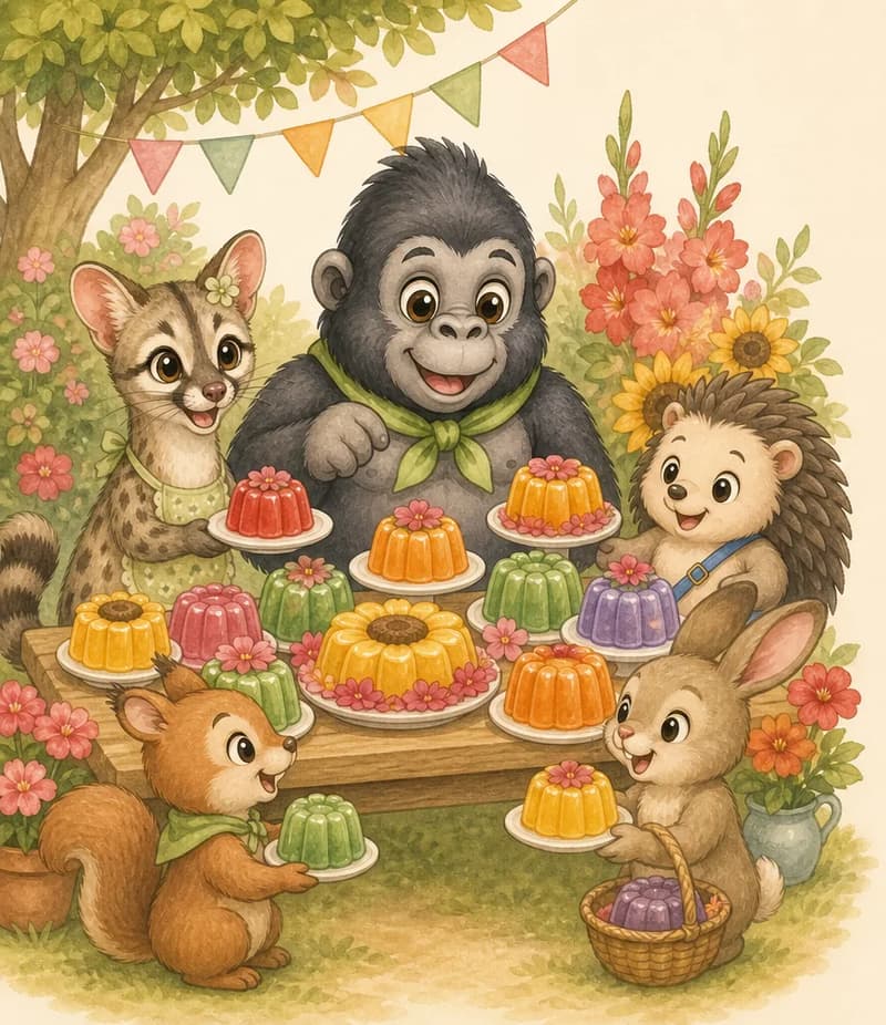 Gertrudis, Gabito and Enrique stand behind a small wooden table piled with many colourful gelatin desserts decorated with geraniums, gladioli and sunflowers. One or two unnamed park-animal customers are happily taking gelatin. Mood: bustling, successful sale.