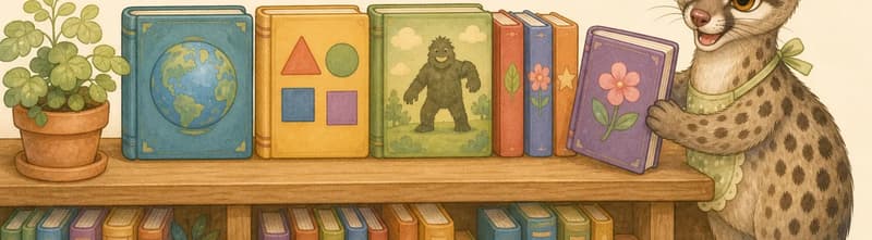 A small stack of colourful books on a simple low shelf or table. The books should suggest a range of topics (one shows a simple globe-like shape, another simple shapes, another a hint of a giant silhouette) without using any letters or numbers. No characters are required, but a small silhouette or single named character (e.g., Gertrudis or Enrique) carrying or arranging one book is fine. Mood: warm celebration of new books.