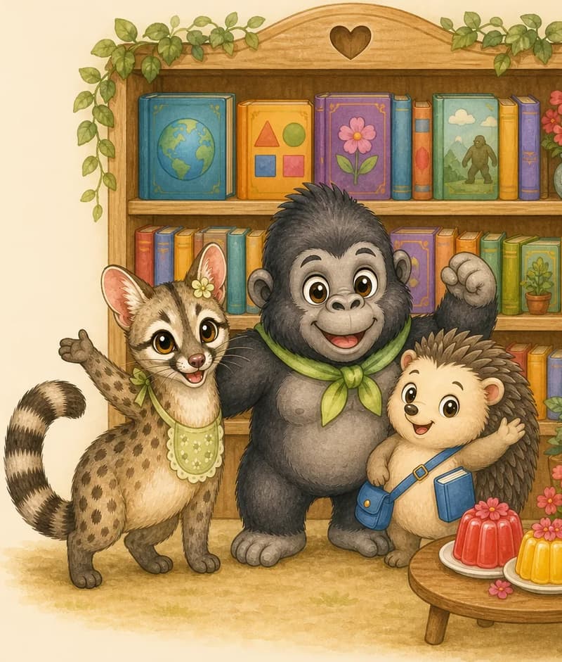 All three friends — Gertrudis, Gabito and Enrique — stand together in a small celebratory pose in front of the brand-new library shelf full of colourful books, big smiles on their faces. One or two of the colourful gelatin desserts might still sit on a small table beside them. Mood: triumphant, warm closing page.