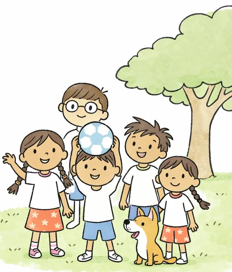 On the right side of the image, the squad stands grouped together on a grassy field under a clear blue sky. Narrator Boy is front and center, smiling proudly and holding a soccer ball above his head with both hands. Boy with Glasses stands behind him at the back, smiling confidently. Girl with Braids stands to the right of Narrator Boy, smiling. Header Girl is on the left side of the group, waving one hand cheerfully. High Kicker Boy stands at the back right, smiling with his hands at his sides. The Dog sits on the ground to the far right, looking up at the group attentively. All characters face forward in a confident team pose. The setting is a suburban park field with a large oak tree and leafy green trees in the background.