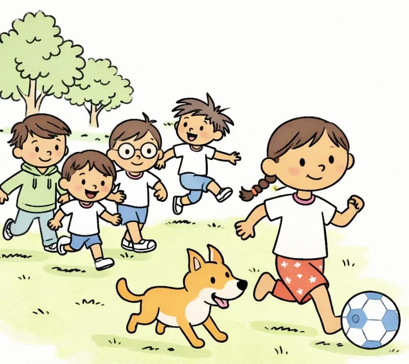 On the left side of the image, Girl with Braids is in the foreground, running determinedly across a grassy field while dribbling a blue and white soccer ball with her foot. She has a focused, confident expression. Behind her on the left, Narrator Boy, Boy with Glasses, High Kicker Boy, and Header Girl are all chasing after her in a group, running with eager expressions. High Kicker Boy has one leg kicked up high mid-stride. The Dog is running alongside Girl with Braids in the lower left, bounding excitedly across the grass. The scene is set outdoors on a sunny day in a suburban park field with oak and maple trees in the background. The right portion of the image fades to a plain watercolor wash background.