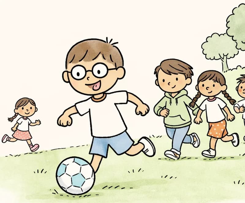 On the right side of the image, Boy with Glasses is front and center, running forward with a confident smile, his foot flicking a soccer ball from left to right as he spins past the other players. Behind him on the right, Narrator Boy runs with arms pumping, looking focused, while Girl with Braids jogs alongside with a determined expression. High Kicker Boy is visible further back, also running to keep up. Header Girl can be seen in the background on the left side, running across the grassy field. The scene is set outdoors on a sunny day on a green grassy hill with oak and maple trees in the background under a clear blue sky.