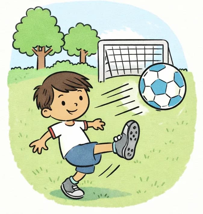 On the left side of the image, Narrator Boy is mid-kick, his right leg swinging forward with the sole of his shoe facing the viewer as he strikes a blue and white soccer ball. He has a confident, determined smile on his face. A soccer goal net is visible behind the ball, and the ball is shown with motion lines indicating a powerful shot sailing toward the net. The scene is set outdoors on a green grassy field with oak and maple trees in the background under a clear blue sky, suggesting a sunny daytime park setting. Note: The current composition is a centered close-up within an oval vignette that spans the full width. For the final illustration, Narrator Boy and the soccer ball action should be repositioned to the left side, with the right ~40% left as plain background for text overlay.