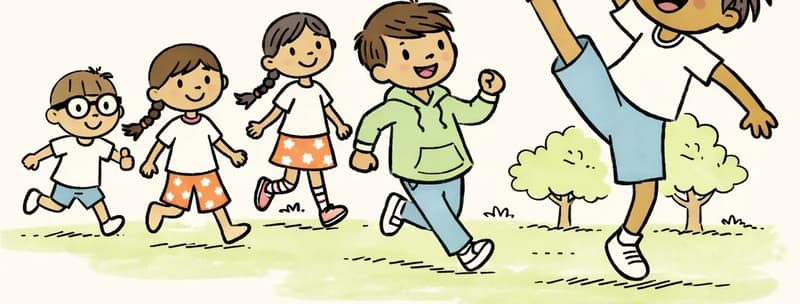 On the right side of the image, High Kicker Boy is prominently posed mid-kick with one leg raised high above his head, smiling confidently as a soccer ball flies upward above the group. Narrator Boy runs energetically to the far right, grinning and chasing after the ball. Girl with Braids runs in the center-right area with a happy expression, while Header Girl stands just behind her, also smiling and watching the action. Boy with Glasses is positioned slightly left of center, running forward with an eager look. The scene is set outdoors on a sunny day on a grassy park field with leafy oak and maple trees under a bright blue sky.